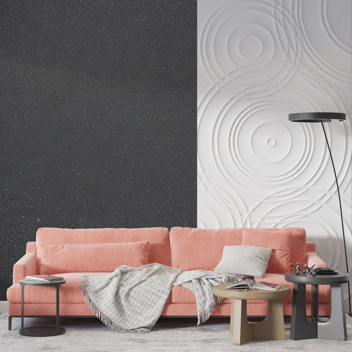 Night sky wallpaper showcased in dining room with evening lighting