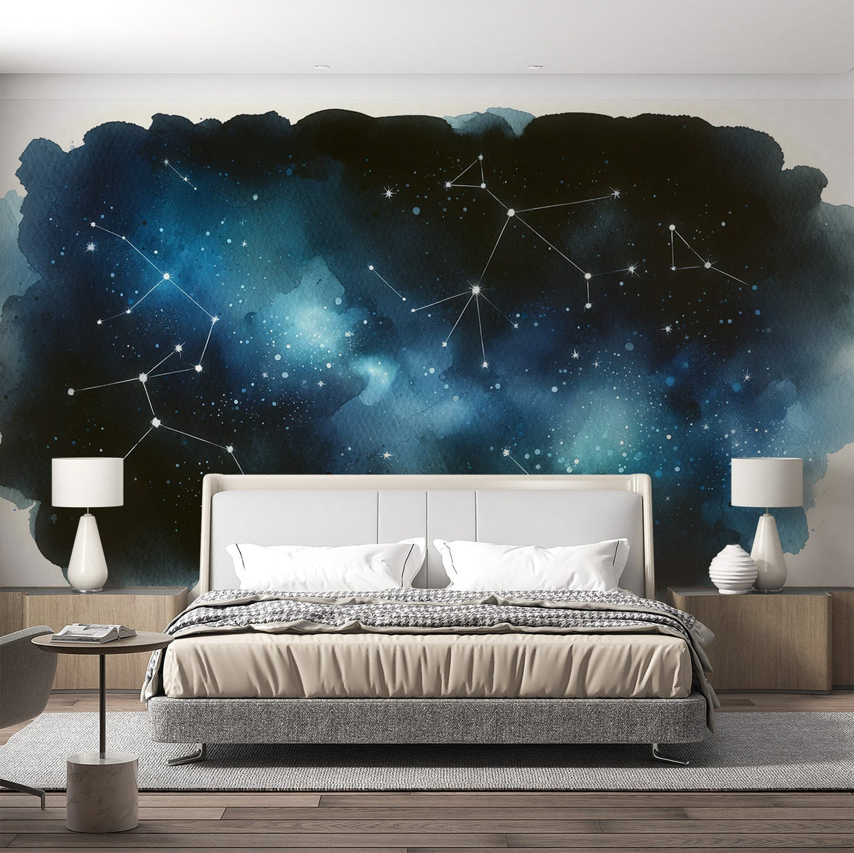 Galaxy constellation wallpaper creating a dreamy atmosphere in a modern bedroom with soft lighting and minimal furniture