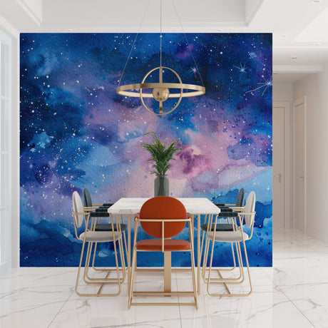 Galaxy wallpaper mural in modern bedroom creating a dreamy atmosphere with watercolor night sky design