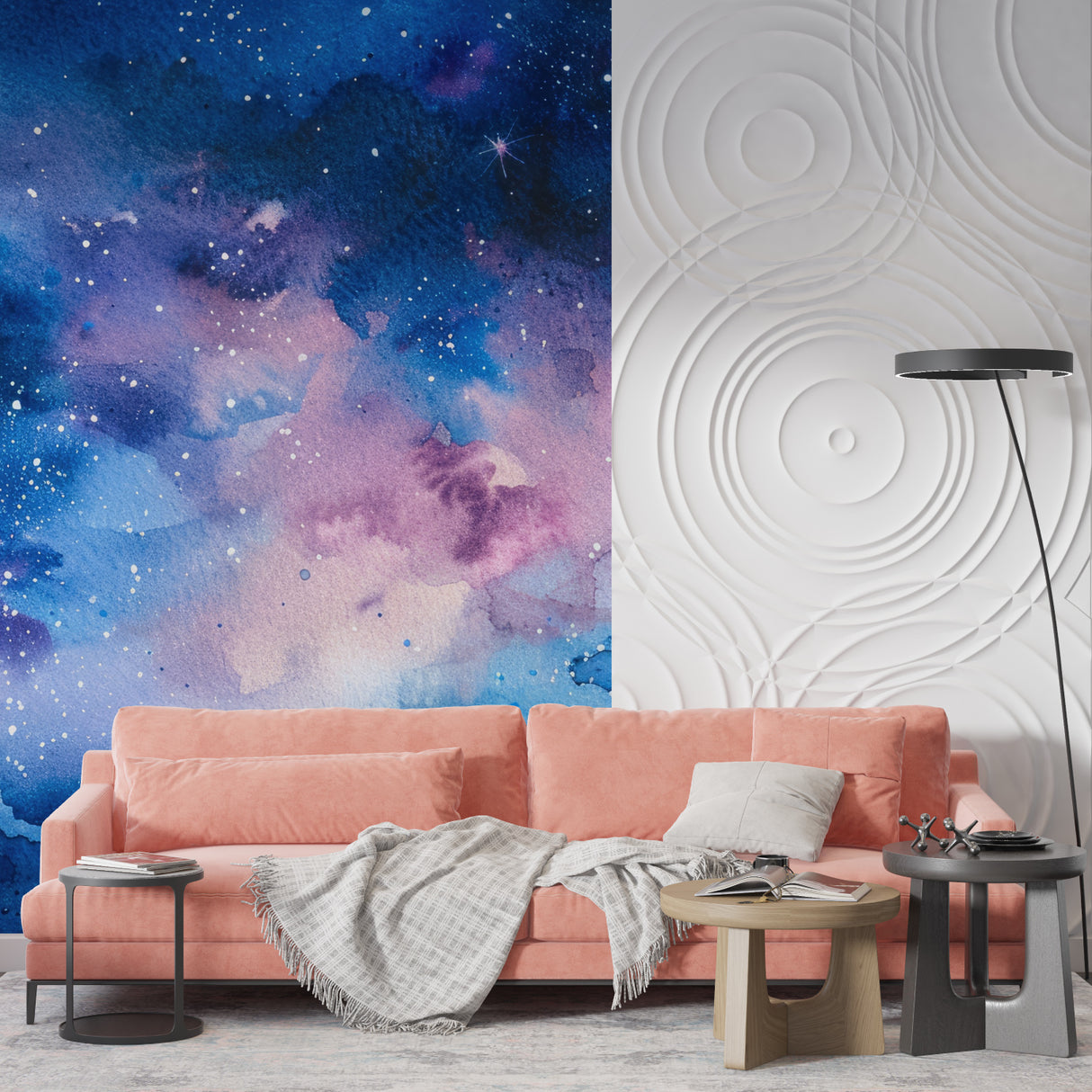 Space themed wall mural displayed in home office with watercolor galaxy design