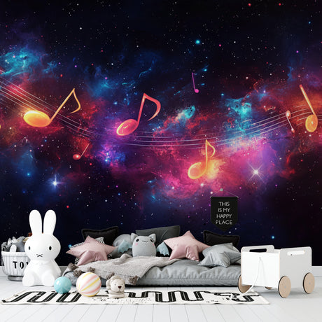 Galaxy music wallpaper bringing cosmic charm to a modern music studio with floating musical notes