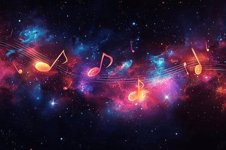 Galaxy music wallpaper design file showing detailed musical notes floating in cosmic space