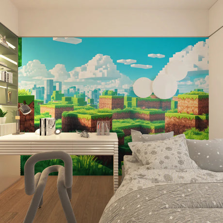 Room interior with a pixelated landscape wall mural in a bedroom setting.