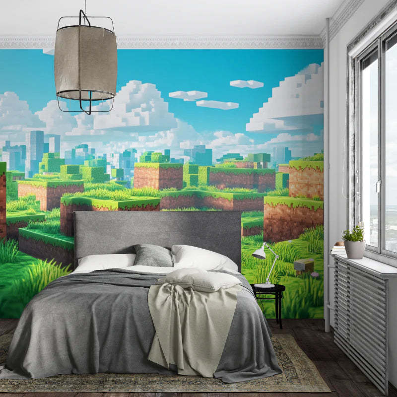 Bedroom with a pixelated landscape wall mural