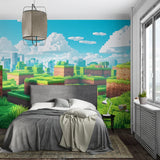 Bedroom with a pixelated landscape wall mural