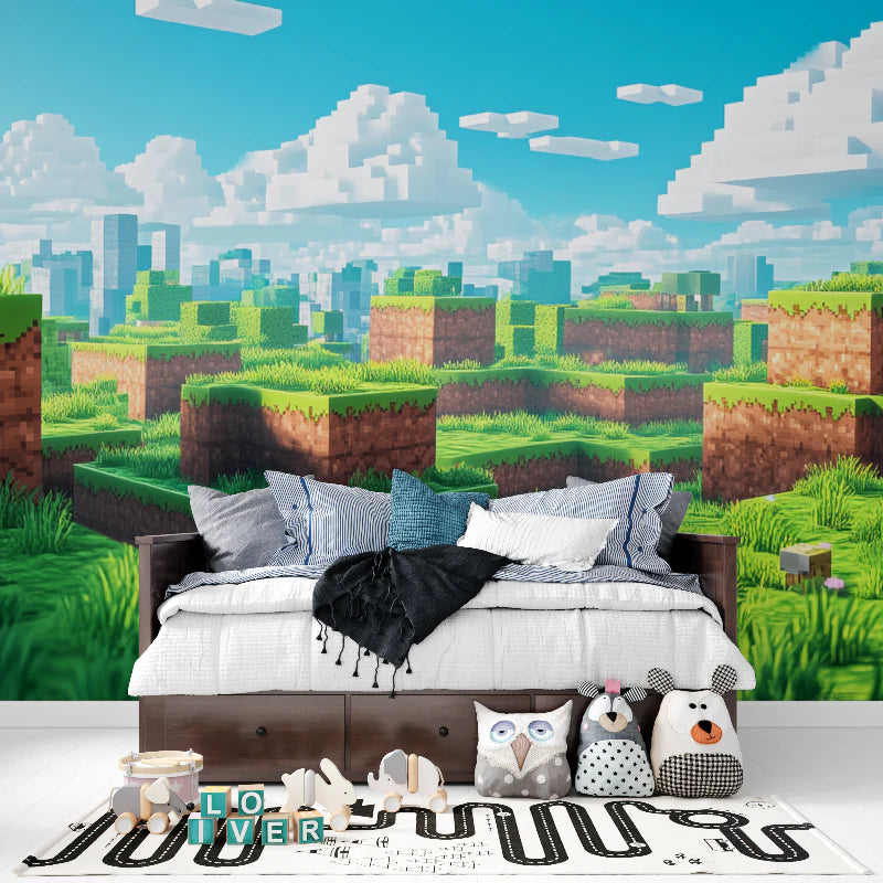Bedroom with pixelated landscape wall mural and various decorative items.