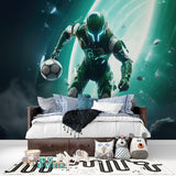 Futuristic sports mural in modern living room gaming setup