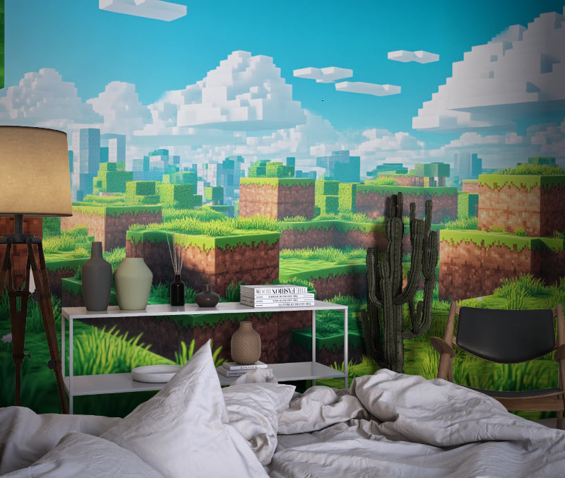 Game room with pixel landscape mural showing entertainment center and gaming accessories