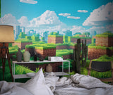 Game room with pixel landscape mural showing entertainment center and gaming accessories