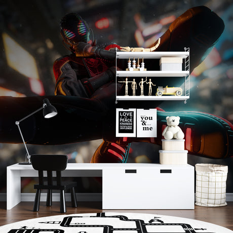 Gaming room wallpaper mural showcased in modern teen bedroom with LED lighting and gaming setup