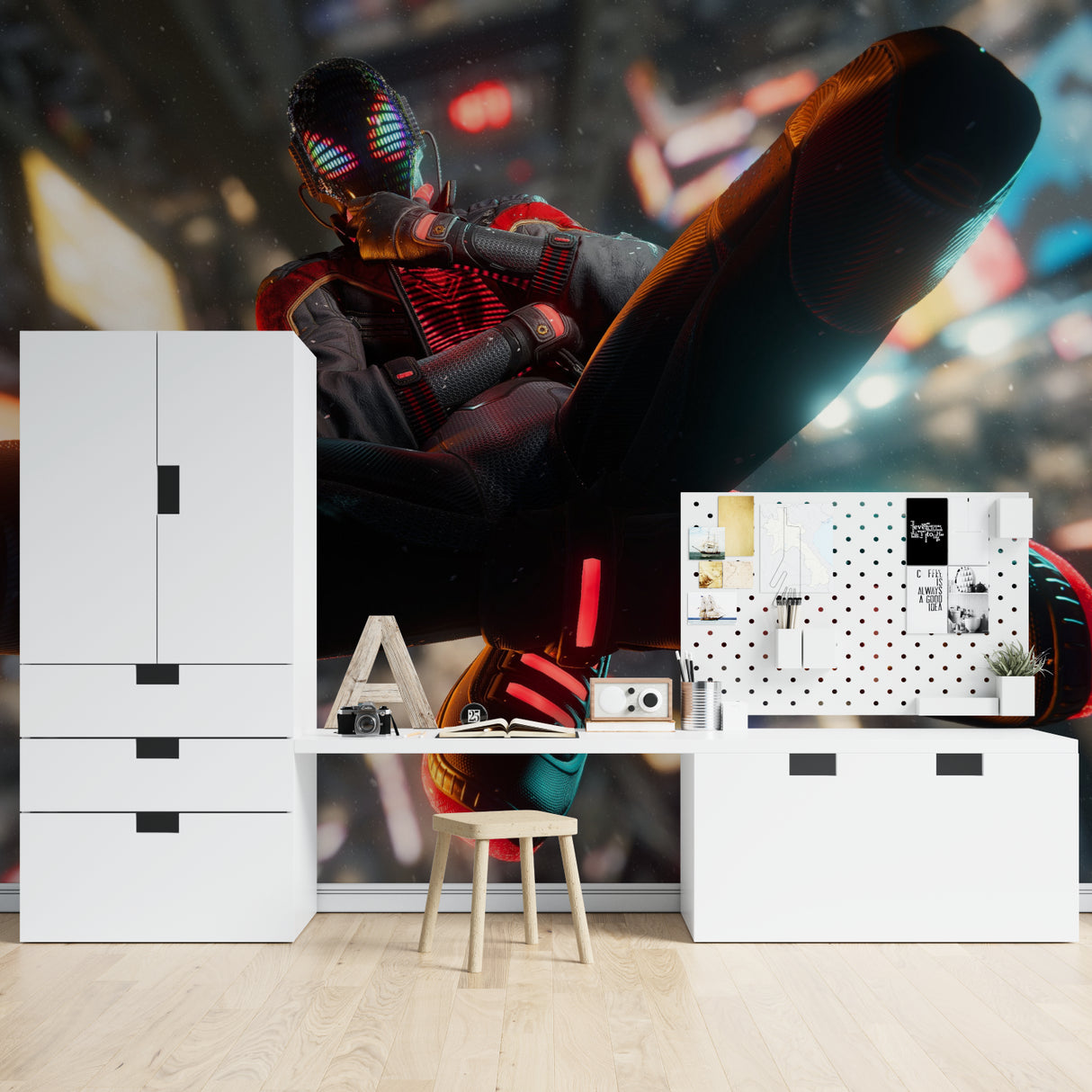 Superhero gaming wallpaper displayed in streamers room with gaming chair and monitors