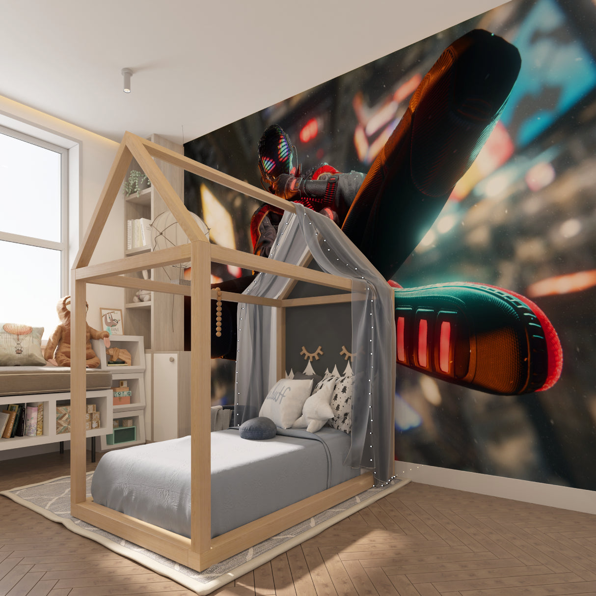 Digital art gaming mural in entertainment room with gaming console setup