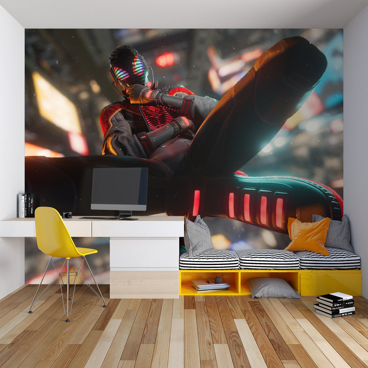 Spider hero wallpaper creating atmosphere in gaming lounge with RGB lighting
