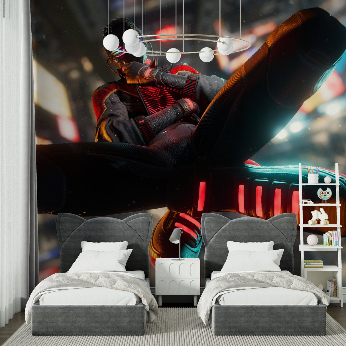 Gaming themed wall mural in modern teen gaming corner with desk setup