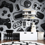 Modern gaming wallpaper installed in a streamer room setup