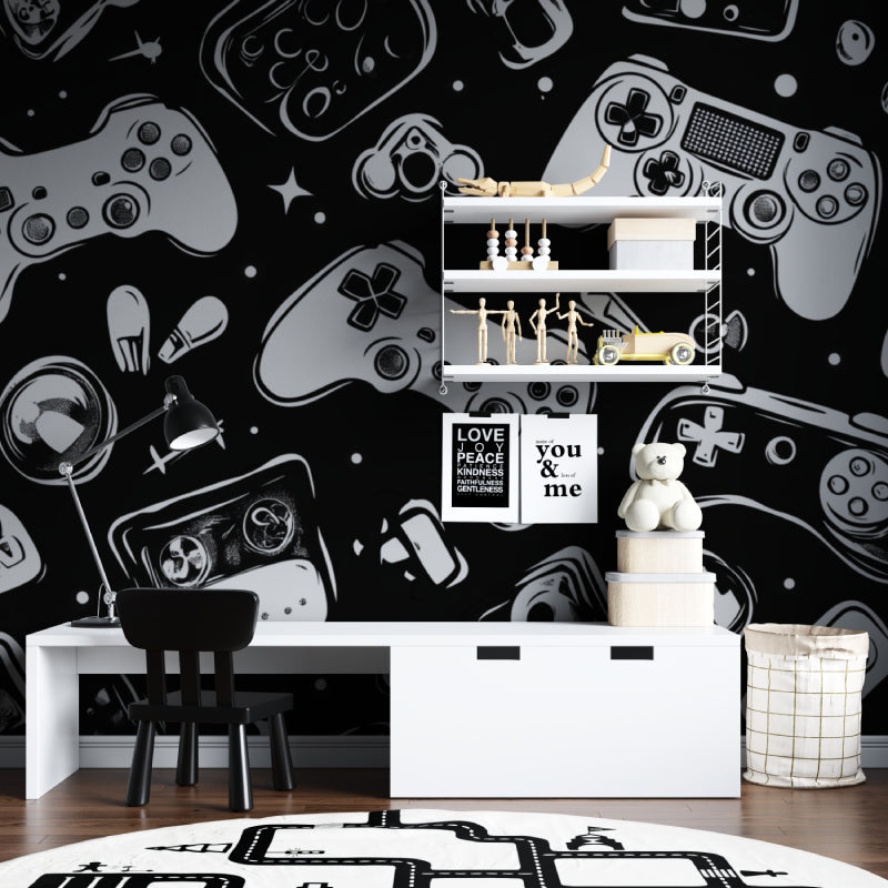 Gaming controller wallpaper in modern teen bedroom, black and white design creating cool gaming atmosphere