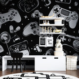 Gaming controller wallpaper in modern teen bedroom, black and white design creating cool gaming atmosphere