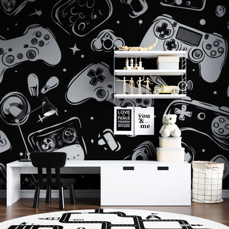 Gaming controller wallpaper in modern teen bedroom, black and white design creating cool gaming atmosphere