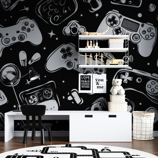 Gaming controller wallpaper in modern teen bedroom, black and white design creating cool gaming atmosphere