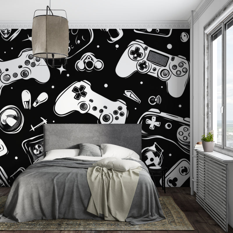 Black and white gaming wallpaper in stylish home office setup with LED lighting