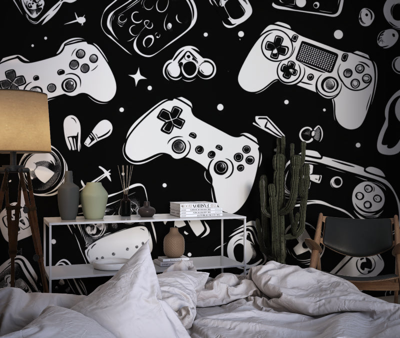 Gaming room wallpaper showcasing controller pattern in streaming setup