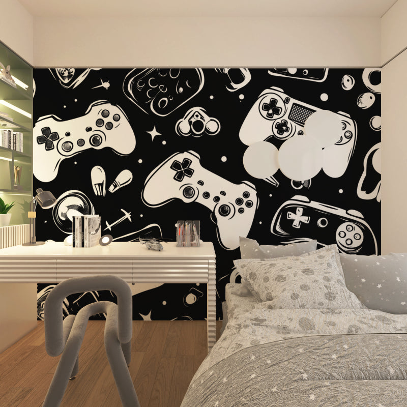 Monochrome gaming controller wallpaper in modern living room gaming corner