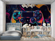 Gaming Controller Wallpaper in modern teen bedroom with LED setup and gaming chair