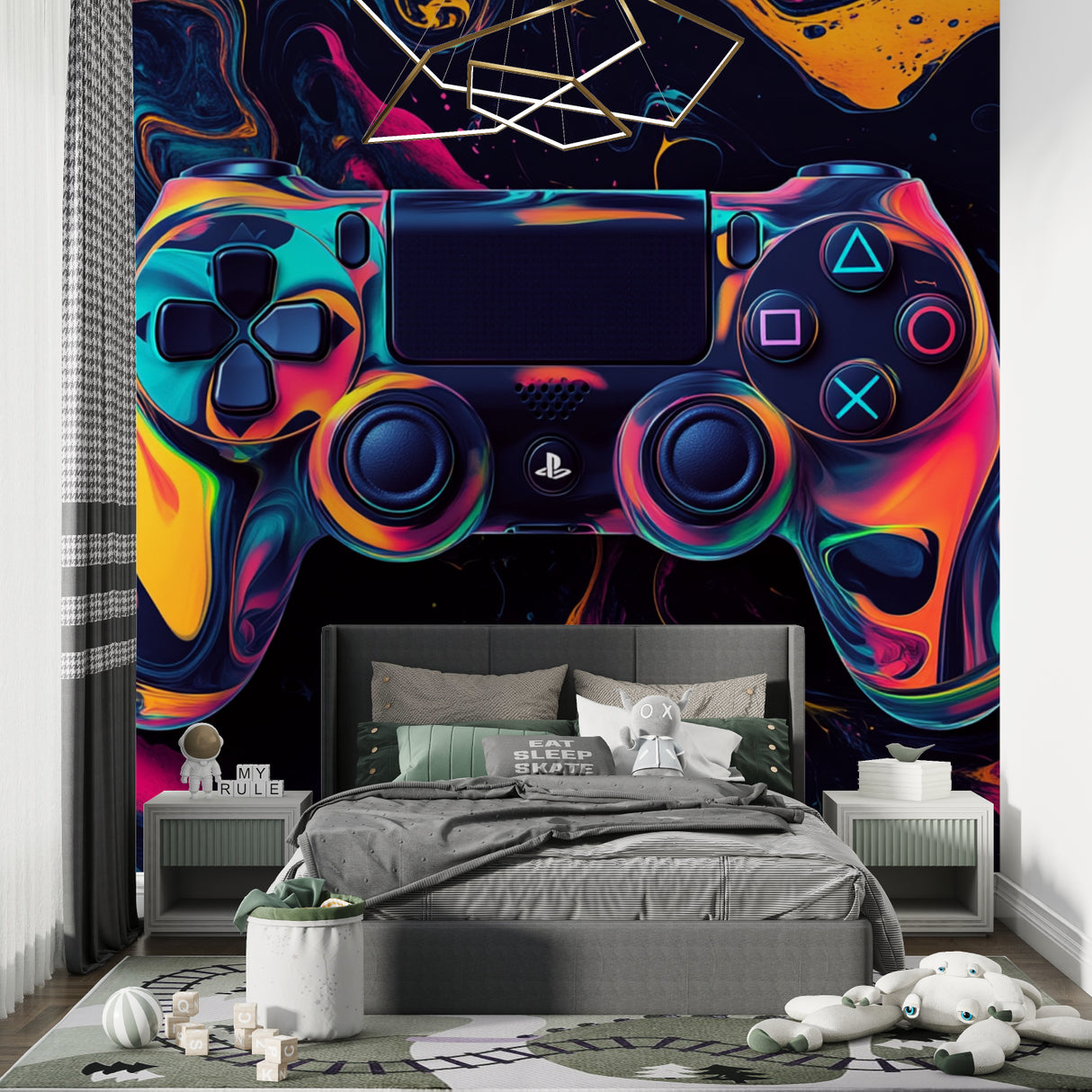 Colorful Gaming Controller design in streaming room with desk setup