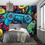 Retro gaming wallpaper installed in cool entertainment room with gaming setup