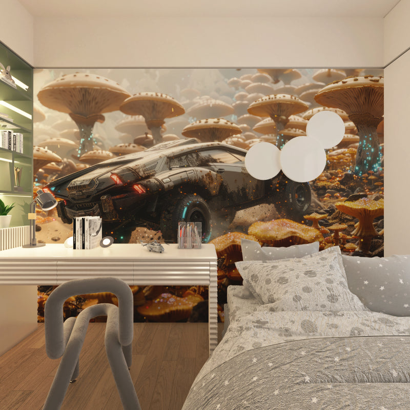 Gaming setup with futuristic racing mural creating perfect backdrop