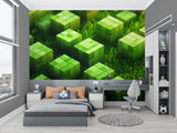 Kids gaming setup with green pixel art wall mural background