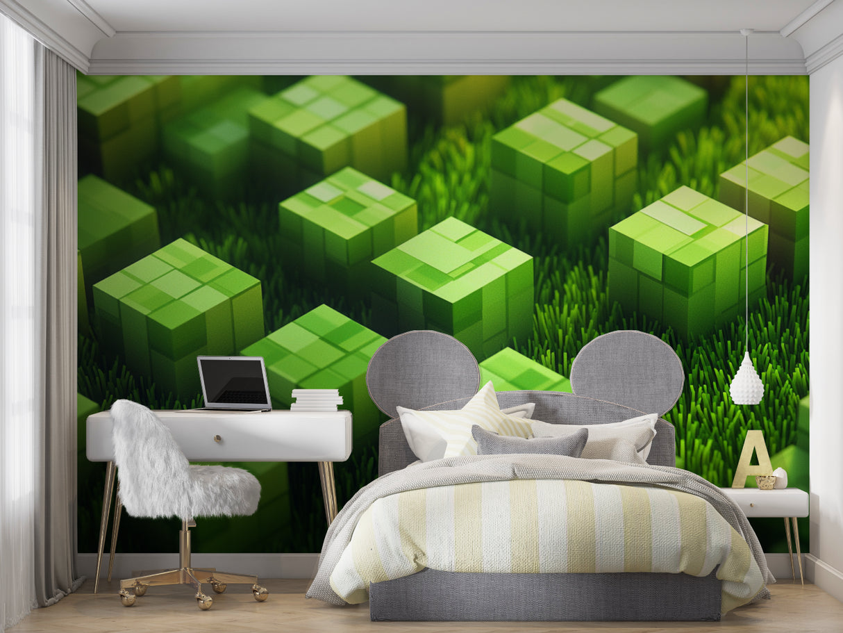 Home office featuring geometric gaming wallpaper design