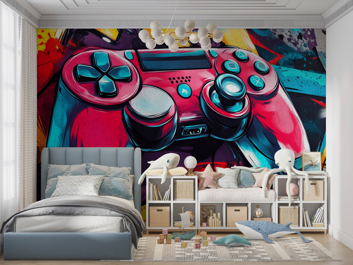 Gaming room wallpaper with modern controller design shown in teen bedroom setup with gaming chair and LED lights