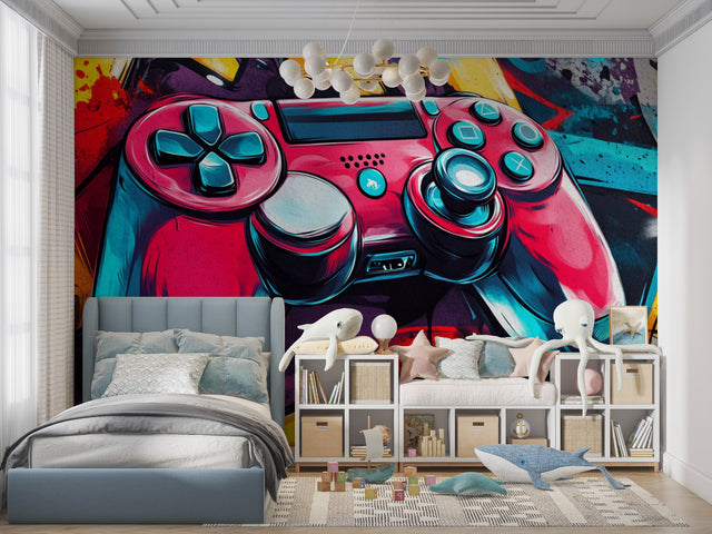 Gaming room wallpaper with modern controller design shown in teen bedroom setup with gaming chair and LED lights