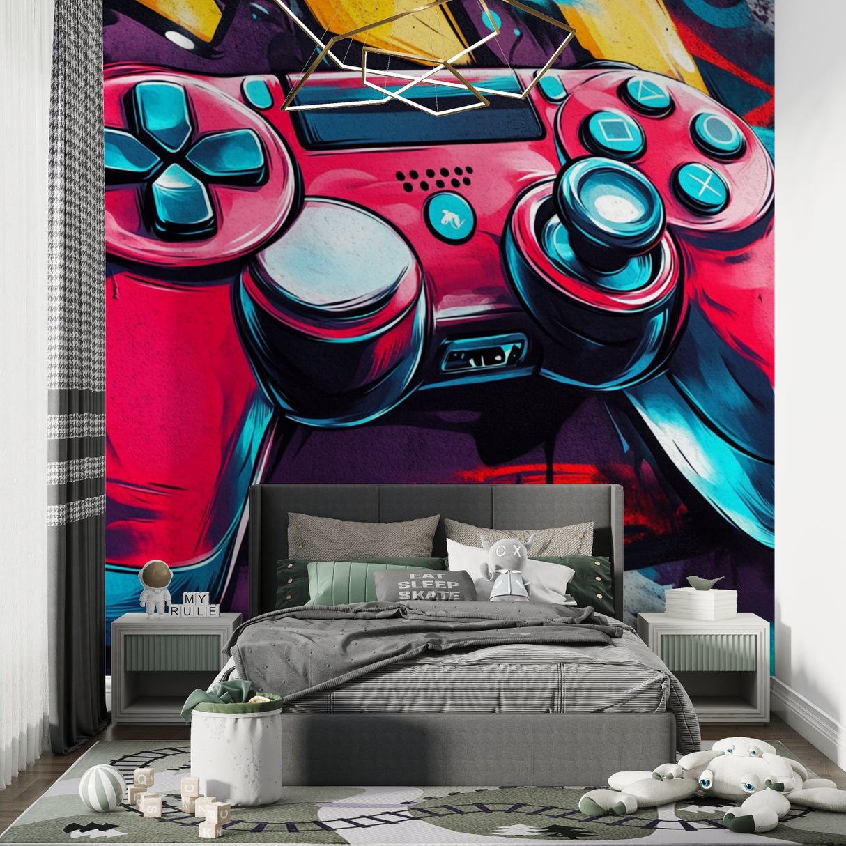 Modern gaming wallpaper displayed in entertainment room with gaming console setup