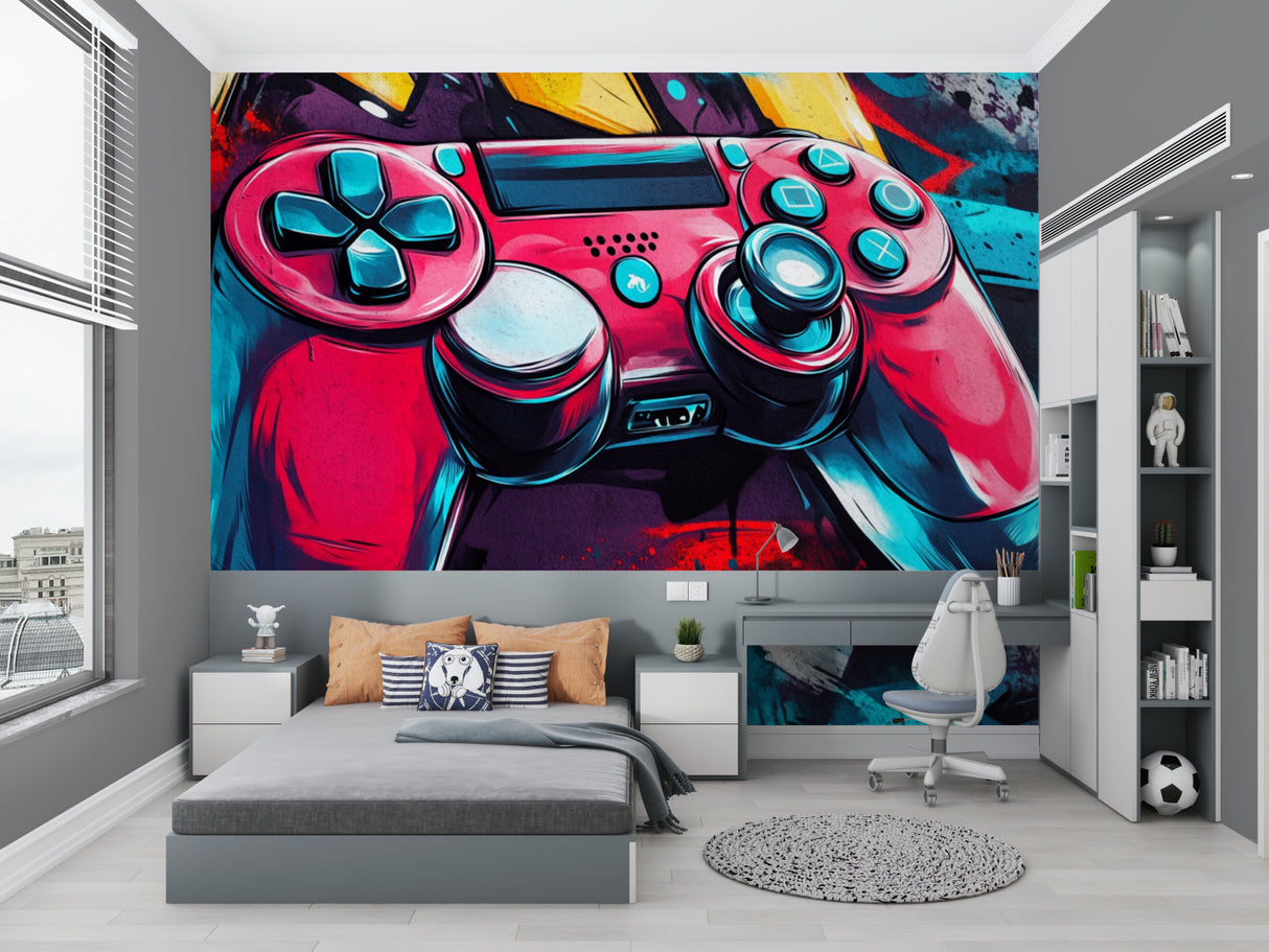 Pink and turquoise gaming controller wallpaper in streamer room with desk setup