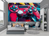 Pink and turquoise gaming controller wallpaper in streamer room with desk setup