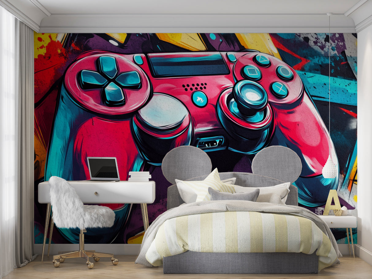 Gaming wall mural bringing color to modern basement gaming room