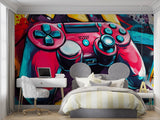 Gaming wall mural bringing color to modern basement gaming room