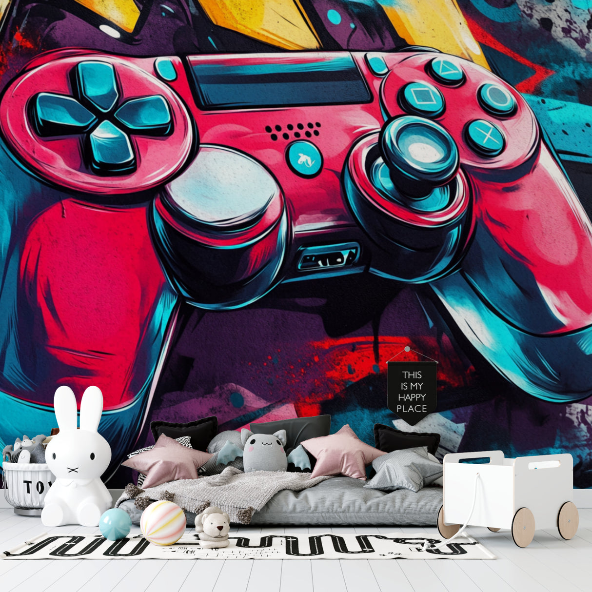 Controller art wallpaper creating focal point in gaming lounge area