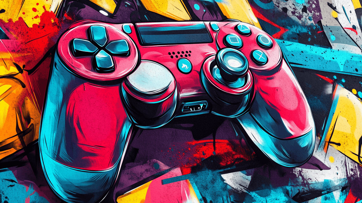 Design file showing detailed gaming controller pattern with vibrant pink and turquoise color scheme