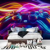 Neon controller wallpaper bringing energy to modern gaming lounge with console setup