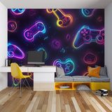 Teen bedroom featuring glowing gaming wallpaper mural with neon effects