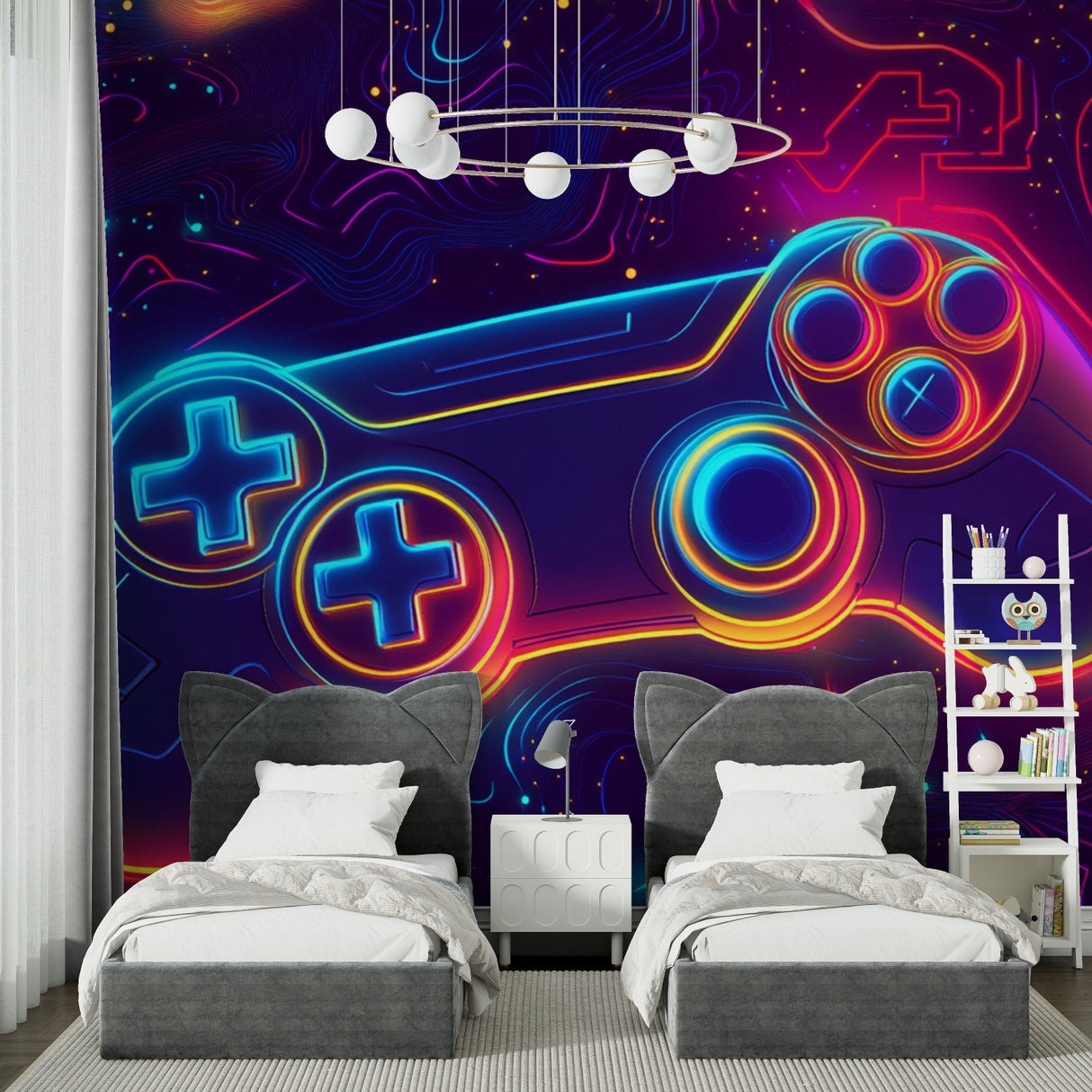 Gaming mural wallpaper displaying vibrant neon effects in dark gaming room