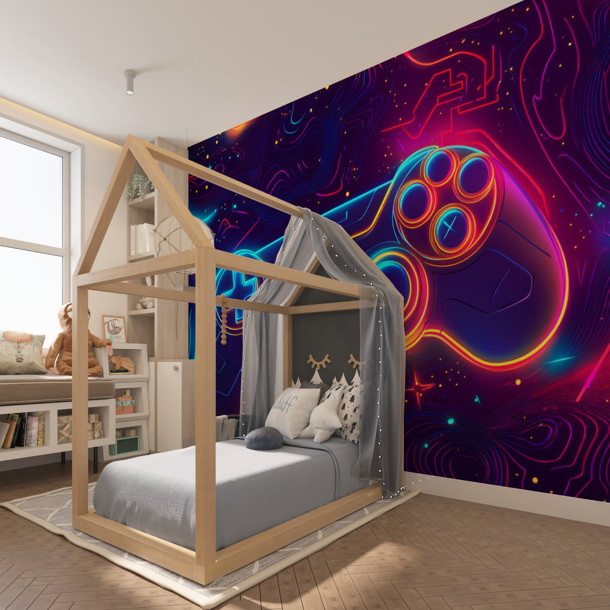Neon controller wallpaper design in modern gaming lounge with LED lighting