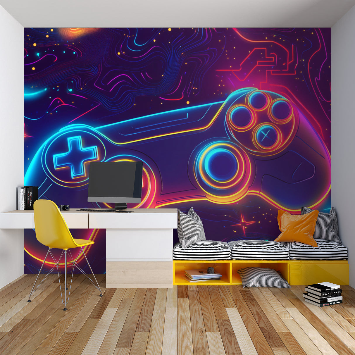 Gaming themed wallpaper bringing cyber vibes to esports room setup