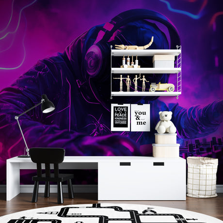 Gaming room wallpaper with neon DJ headset design shown in modern gaming setup with RGB lighting
