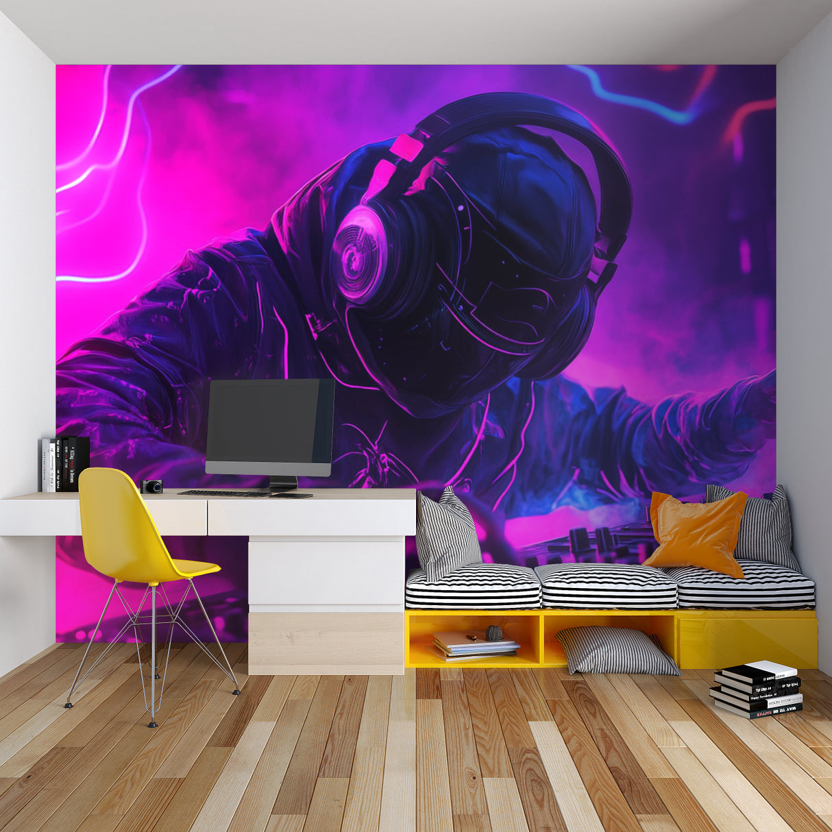 Neon gaming wallpaper creating atmosphere in teen bedroom with LED accent lights