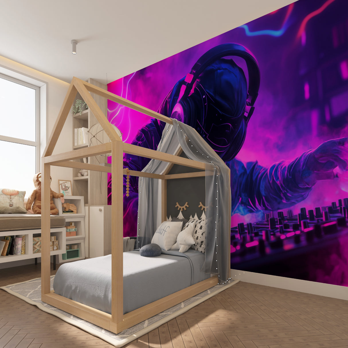 Gaming mural wallpaper showcased in streamer room with neon ambient lighting