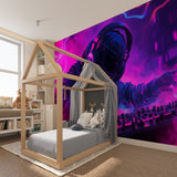 Gaming mural wallpaper showcased in streamer room with neon ambient lighting